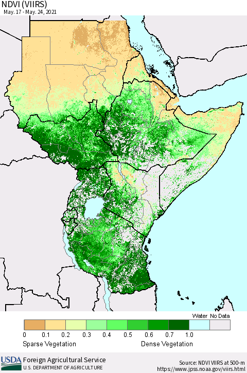 Eastern Africa NDVI (VIIRS) Thematic Map For 5/21/2021 - 5/31/2021