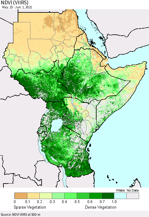 Eastern Africa NDVI (VIIRS) Thematic Map For 5/25/2021 - 6/1/2021