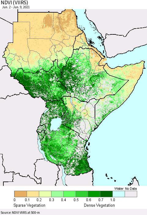 Eastern Africa NDVI (VIIRS) Thematic Map For 6/2/2021 - 6/9/2021