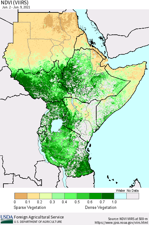 Eastern Africa NDVI (VIIRS) Thematic Map For 6/1/2021 - 6/10/2021