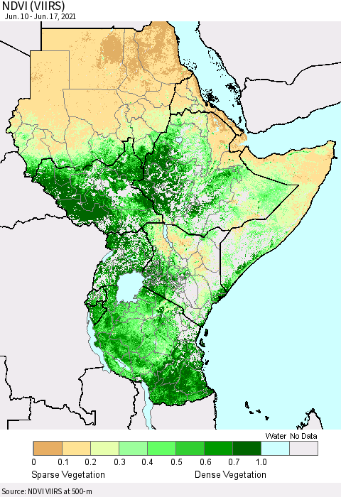 Eastern Africa NDVI (VIIRS) Thematic Map For 6/10/2021 - 6/17/2021