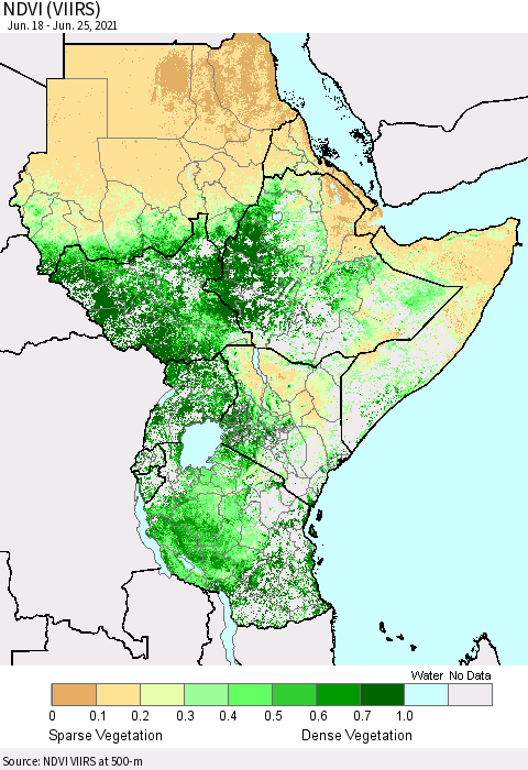 Eastern Africa NDVI (VIIRS) Thematic Map For 6/18/2021 - 6/25/2021
