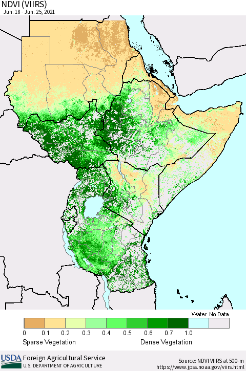 Eastern Africa NDVI (VIIRS) Thematic Map For 6/21/2021 - 6/30/2021