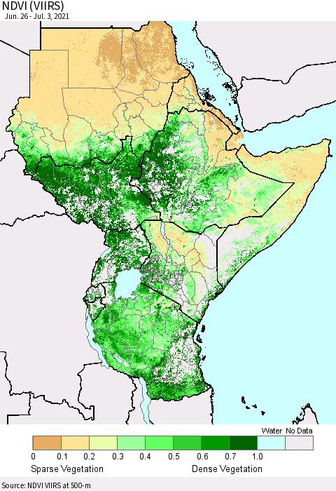 Eastern Africa NDVI (VIIRS) Thematic Map For 6/26/2021 - 7/3/2021