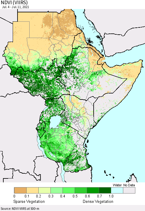 Eastern Africa NDVI (VIIRS) Thematic Map For 7/4/2021 - 7/11/2021
