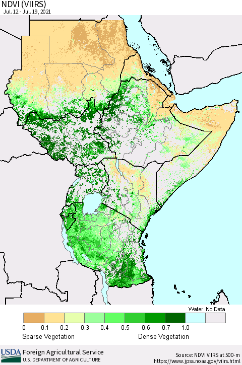 Eastern Africa NDVI (VIIRS) Thematic Map For 7/11/2021 - 7/20/2021