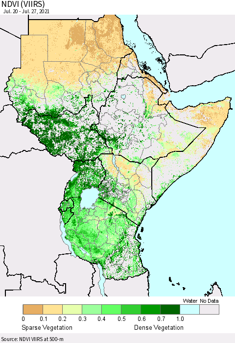 Eastern Africa NDVI (VIIRS) Thematic Map For 7/20/2021 - 7/27/2021
