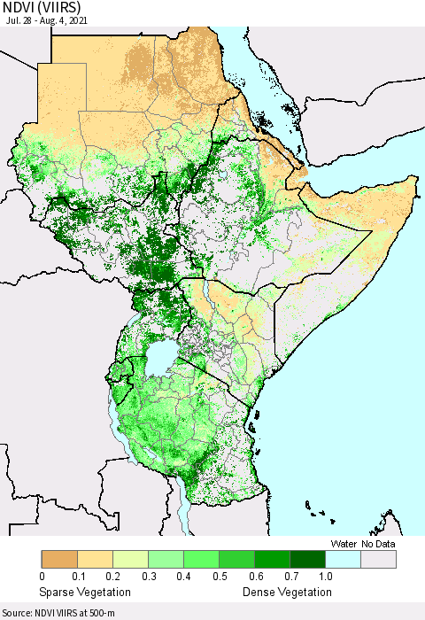 Eastern Africa NDVI (VIIRS) Thematic Map For 7/28/2021 - 8/4/2021