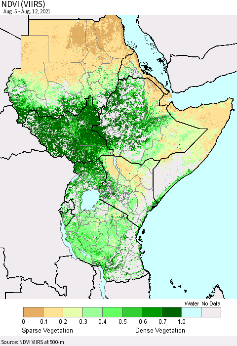 Eastern Africa NDVI (VIIRS) Thematic Map For 8/5/2021 - 8/12/2021