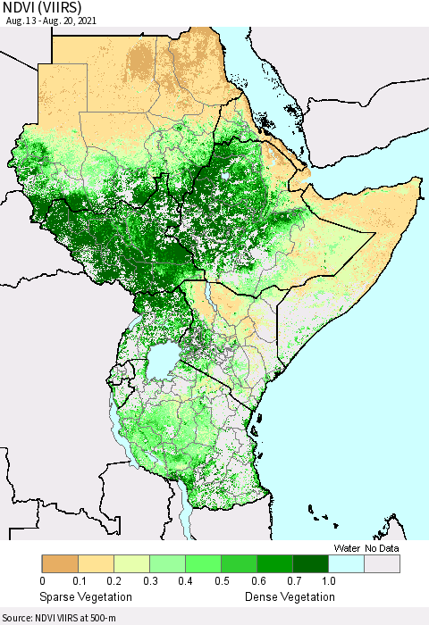 Eastern Africa NDVI (VIIRS) Thematic Map For 8/11/2021 - 8/20/2021