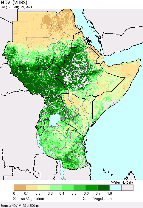 Eastern Africa NDVI (VIIRS) Thematic Map For 8/21/2021 - 8/28/2021