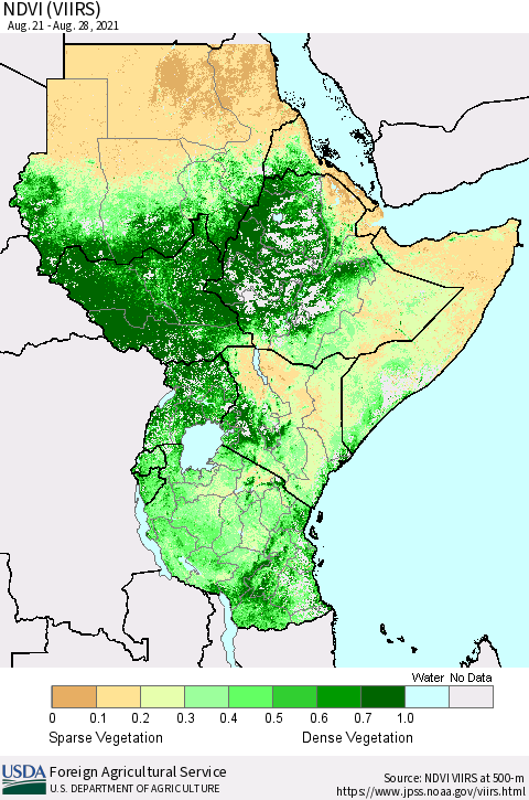 Eastern Africa NDVI (VIIRS) Thematic Map For 8/21/2021 - 8/31/2021
