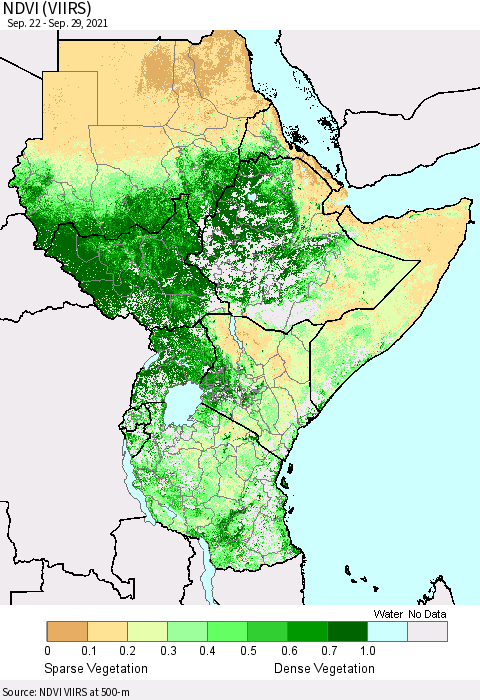 Eastern Africa NDVI (VIIRS) Thematic Map For 9/22/2021 - 9/29/2021