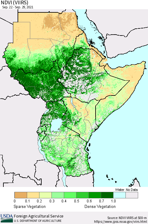 Eastern Africa NDVI (VIIRS) Thematic Map For 9/21/2021 - 9/30/2021