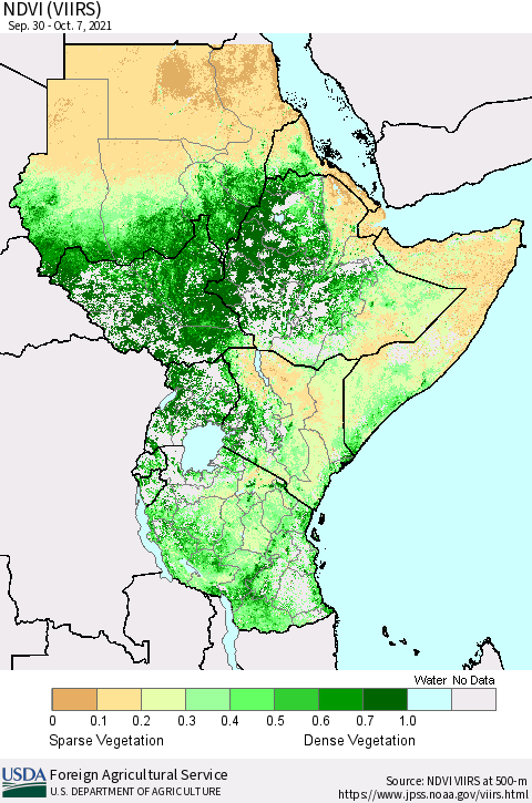 Eastern Africa NDVI (VIIRS) Thematic Map For 10/1/2021 - 10/10/2021