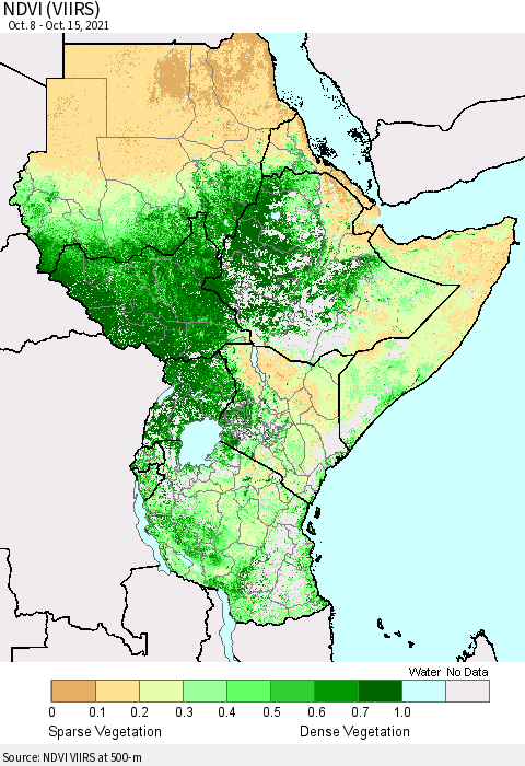 Eastern Africa NDVI (VIIRS) Thematic Map For 10/8/2021 - 10/15/2021