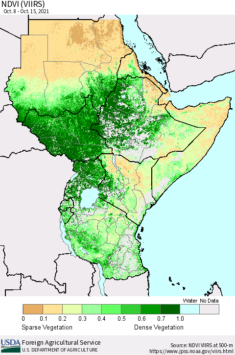Eastern Africa NDVI (VIIRS) Thematic Map For 10/11/2021 - 10/20/2021