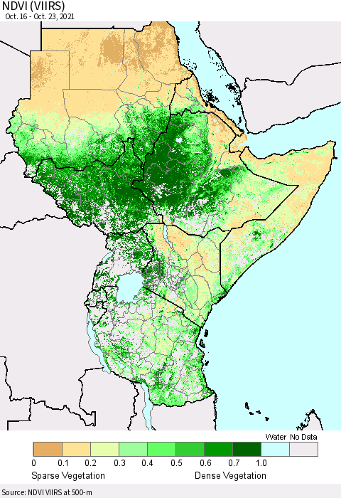 Eastern Africa NDVI (VIIRS) Thematic Map For 10/16/2021 - 10/23/2021