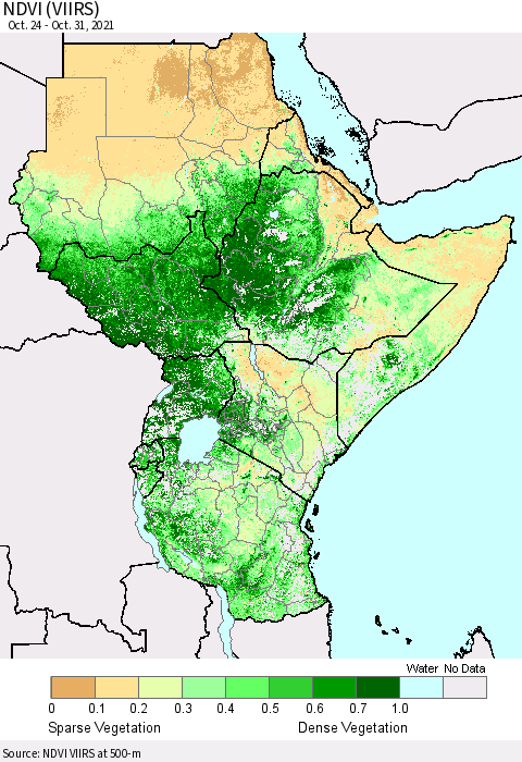 Eastern Africa NDVI (VIIRS) Thematic Map For 10/21/2021 - 10/31/2021