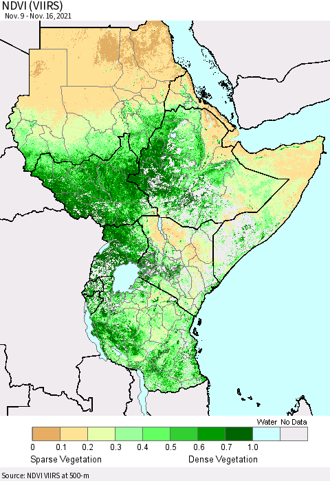 Eastern Africa NDVI (VIIRS) Thematic Map For 11/9/2021 - 11/16/2021