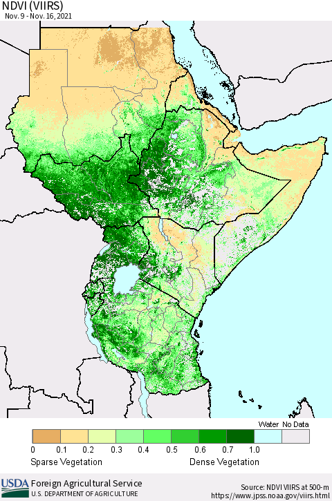 Eastern Africa NDVI (VIIRS) Thematic Map For 11/11/2021 - 11/20/2021
