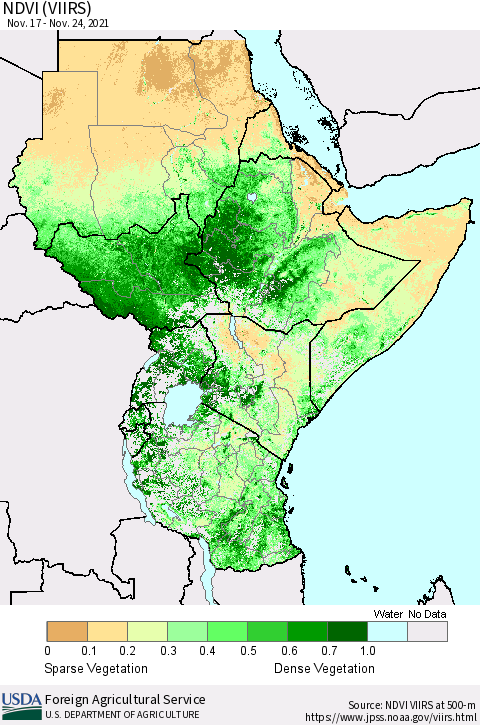 Eastern Africa NDVI (VIIRS) Thematic Map For 11/21/2021 - 11/30/2021