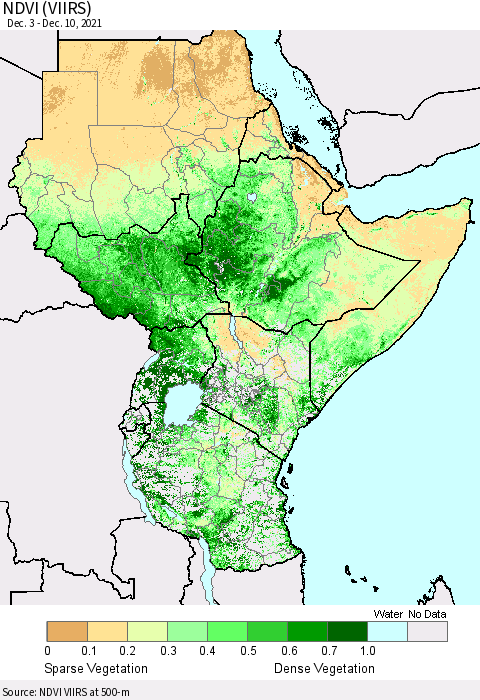 Eastern Africa NDVI (VIIRS) Thematic Map For 12/1/2021 - 12/10/2021