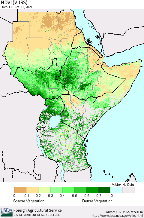 Eastern Africa NDVI (VIIRS) Thematic Map For 12/11/2021 - 12/20/2021
