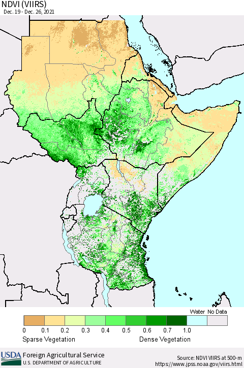 Eastern Africa NDVI (VIIRS) Thematic Map For 12/21/2021 - 12/31/2021