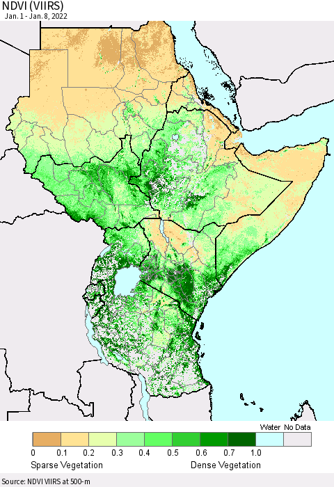 Eastern Africa NDVI (VIIRS) Thematic Map For 1/1/2022 - 1/8/2022
