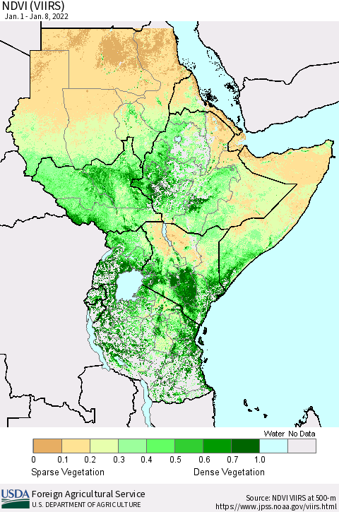 Eastern Africa NDVI (VIIRS) Thematic Map For 1/1/2022 - 1/10/2022