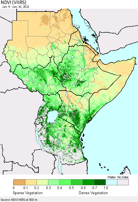 Eastern Africa NDVI (VIIRS) Thematic Map For 1/9/2022 - 1/16/2022
