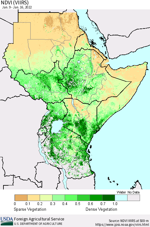 Eastern Africa NDVI (VIIRS) Thematic Map For 1/11/2022 - 1/20/2022