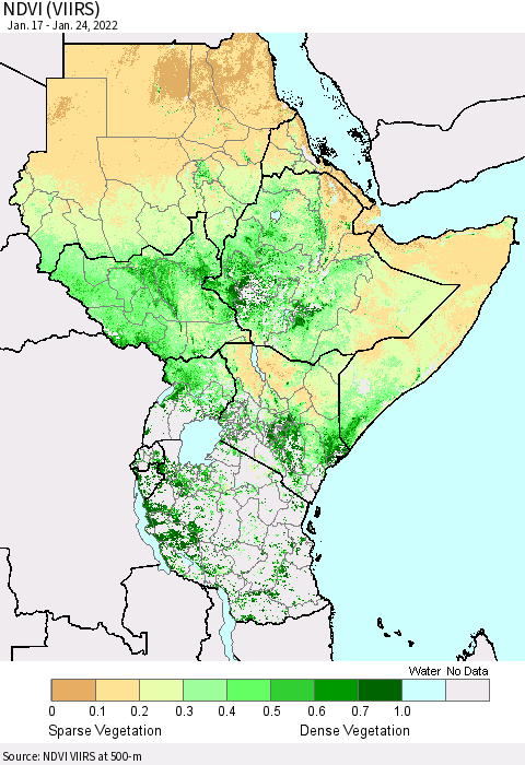 Eastern Africa NDVI (VIIRS) Thematic Map For 1/17/2022 - 1/24/2022