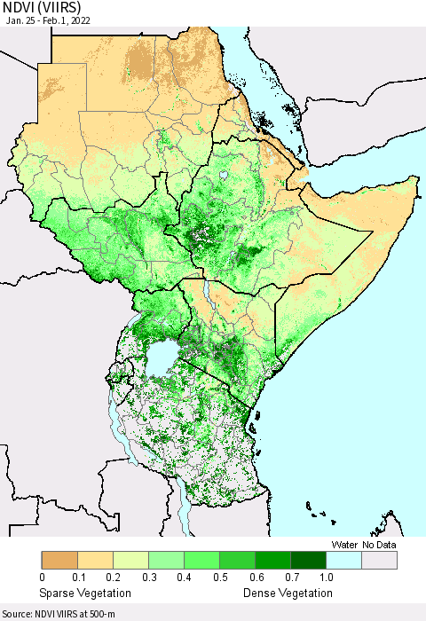 Eastern Africa NDVI (VIIRS) Thematic Map For 1/25/2022 - 2/1/2022