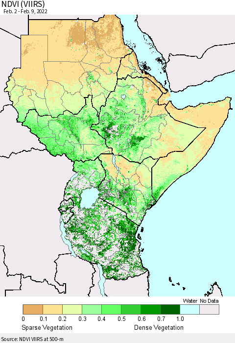 Eastern Africa NDVI (VIIRS) Thematic Map For 2/2/2022 - 2/9/2022