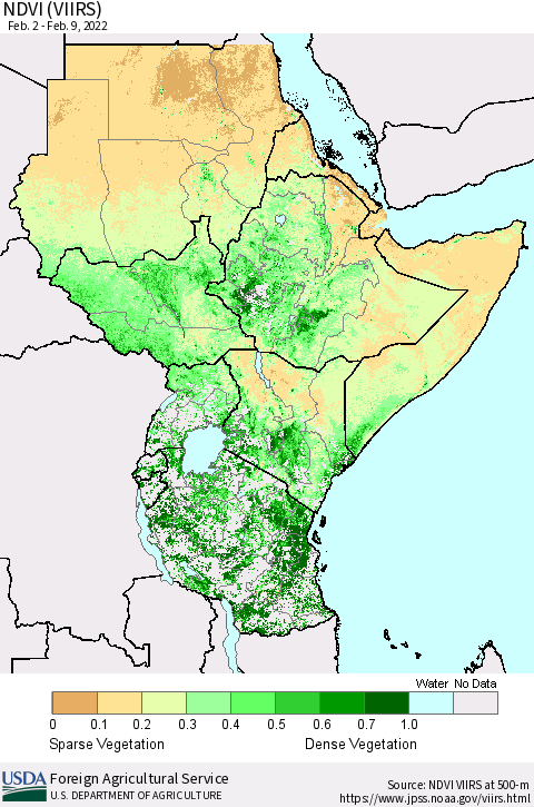 Eastern Africa NDVI (VIIRS) Thematic Map For 2/1/2022 - 2/10/2022