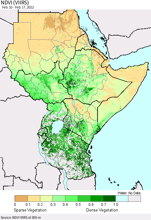 Eastern Africa NDVI (VIIRS) Thematic Map For 2/10/2022 - 2/17/2022