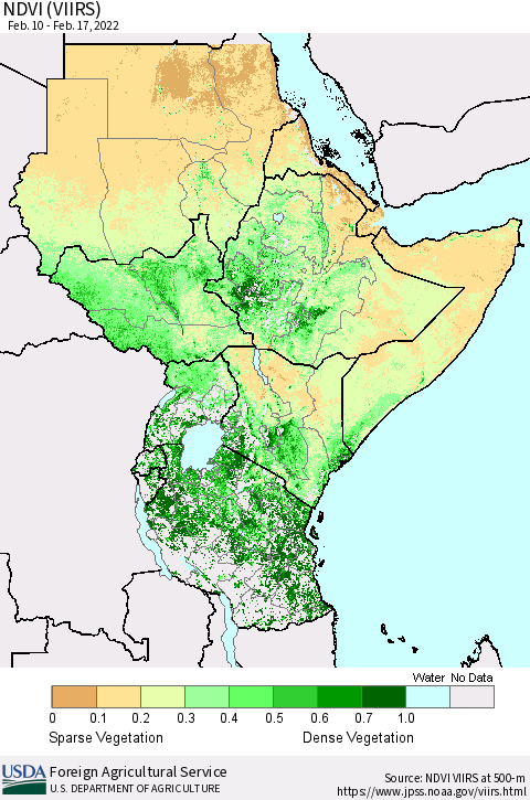 Eastern Africa NDVI (VIIRS) Thematic Map For 2/11/2022 - 2/20/2022