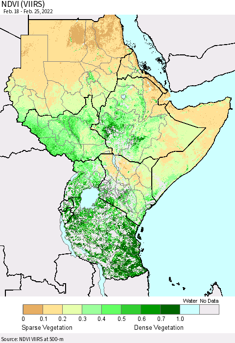 Eastern Africa NDVI (VIIRS) Thematic Map For 2/18/2022 - 2/25/2022