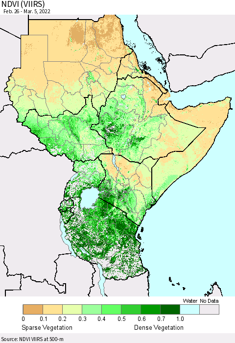 Eastern Africa NDVI (VIIRS) Thematic Map For 2/26/2022 - 3/5/2022