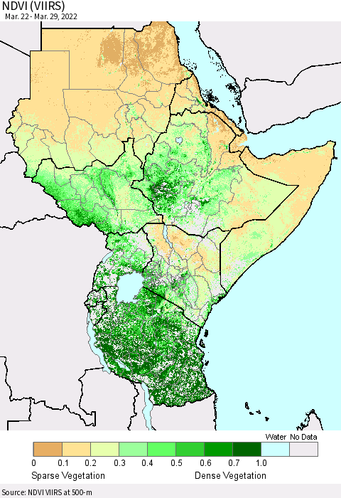 Eastern Africa NDVI (VIIRS) Thematic Map For 3/22/2022 - 3/29/2022