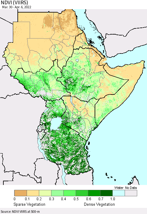 Eastern Africa NDVI (VIIRS) Thematic Map For 3/30/2022 - 4/6/2022