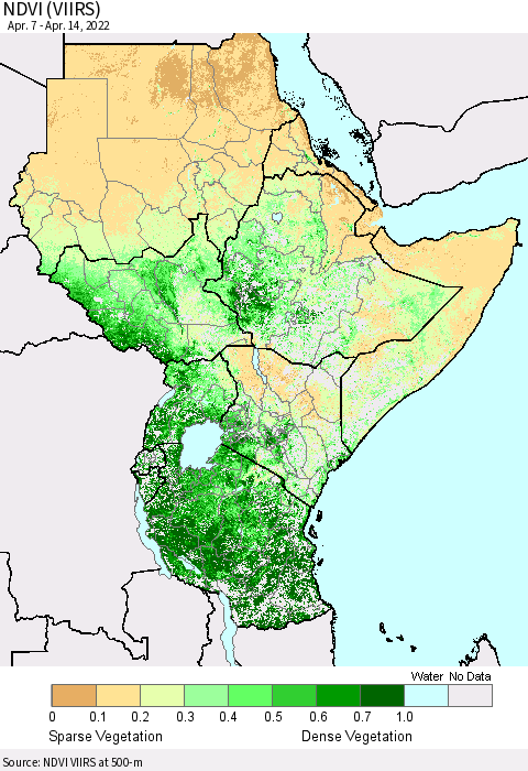Eastern Africa NDVI (VIIRS) Thematic Map For 4/7/2022 - 4/14/2022