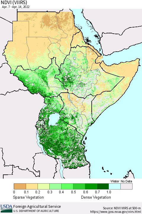 Eastern Africa NDVI (VIIRS) Thematic Map For 4/11/2022 - 4/20/2022