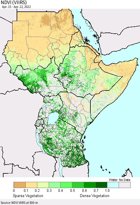 Eastern Africa NDVI (VIIRS) Thematic Map For 4/15/2022 - 4/22/2022