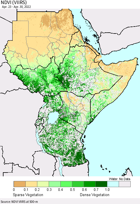 Eastern Africa NDVI (VIIRS) Thematic Map For 4/23/2022 - 4/30/2022