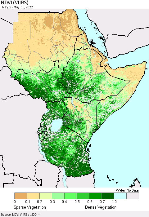 Eastern Africa NDVI (VIIRS) Thematic Map For 5/9/2022 - 5/16/2022