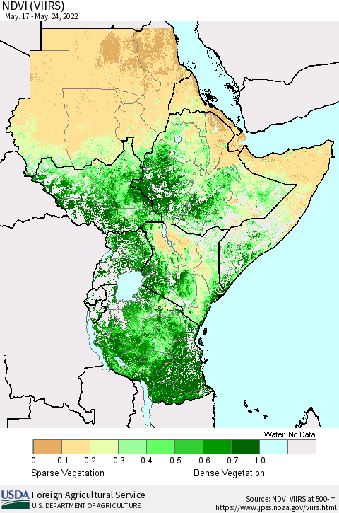 Eastern Africa NDVI (VIIRS) Thematic Map For 5/21/2022 - 5/31/2022