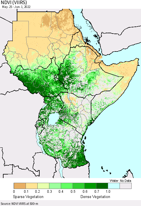 Eastern Africa NDVI (VIIRS) Thematic Map For 5/25/2022 - 6/1/2022